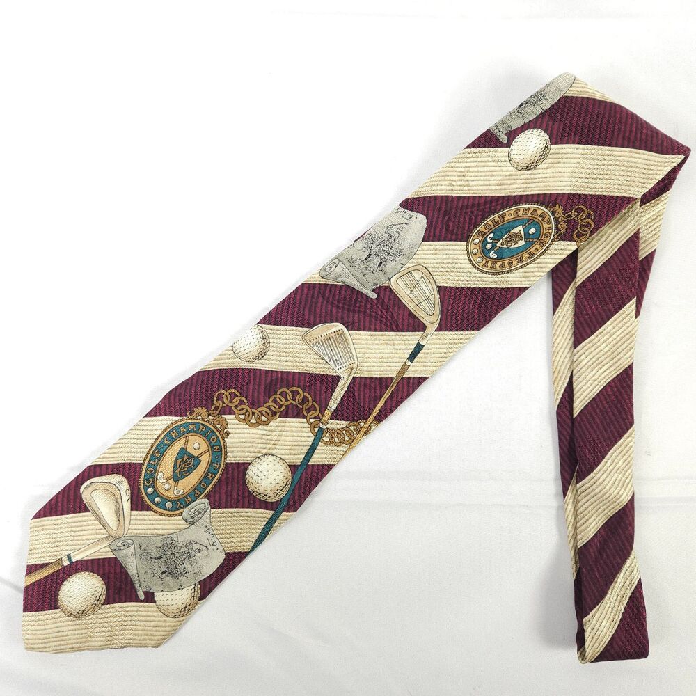 JHM Sport Red Cream Stripe Golf Graphic 100% Silk Necktie USA Men's